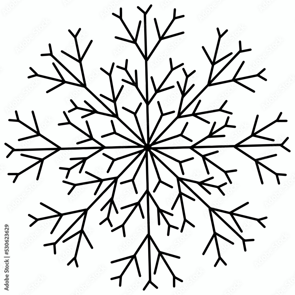 Fototapeta premium Vector illustration of a fluffy snowflake on a white isolated background. Abstract winter pattern for icons, decor and Christmas decorations