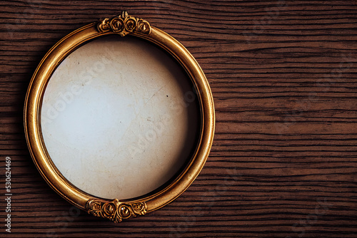 Empty luxurious circle frame on wooden table 