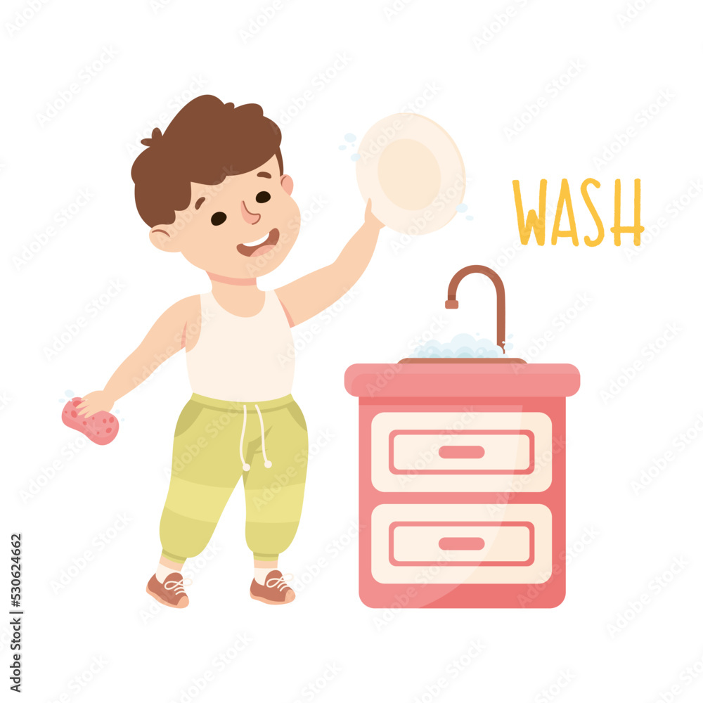 Little Boy Washing Dishes at Kitchen Sink Demonstrating Vocabulary and Verb Studying Vector Illustration Little Boy Washing Dishes at Kitchen Sink Demonstrating Vocabulary and Verb Studying Vector Illustration