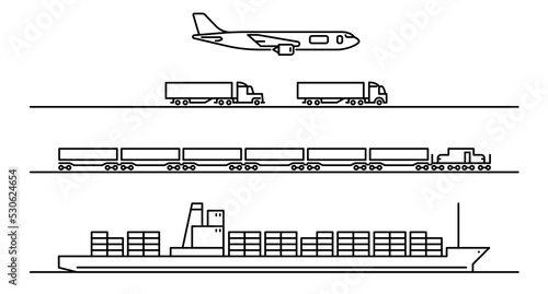 logistics icons freight transport on many different vehicles, vector illustration line icons of cargo ship, train, truck and plane, transport for supply chain