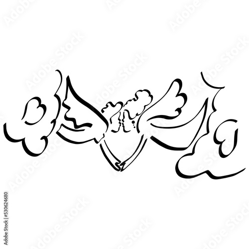 Winged couple, flying out of the clouds with hearts, kisses, holding hands, black contour