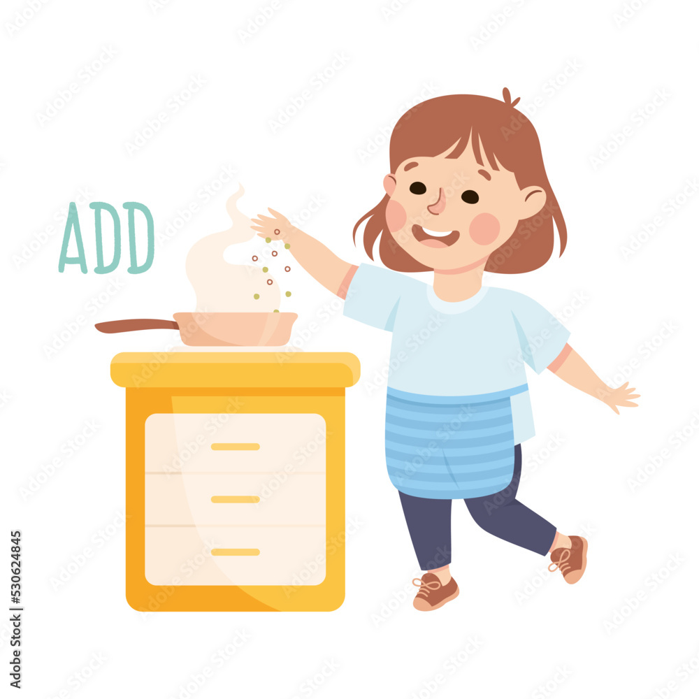 Little Girl Adding Spice in Frying Pan Demonstrating Vocabulary and Verb Studying Vector Illustration Little Girl Adding Spice in Frying Pan Demonstrating Vocabulary and Verb Studying Vector Illustration