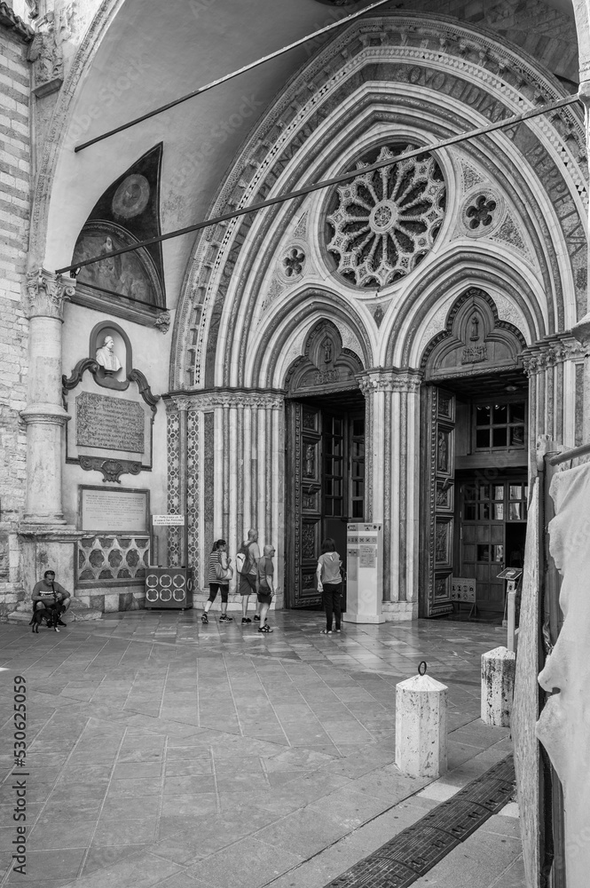 Ancient Papal basilica of San Francesco of Assisi. Art and religion. Black and white