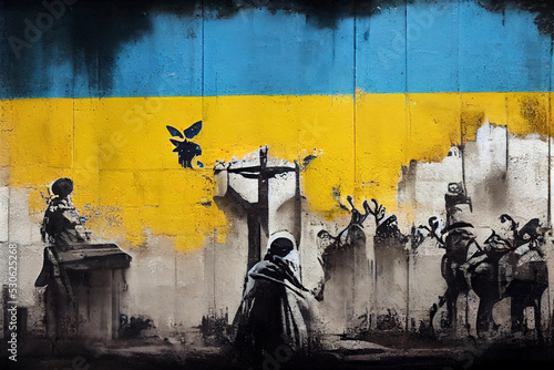 Graffiti of a monument with Ukrainian flag colors