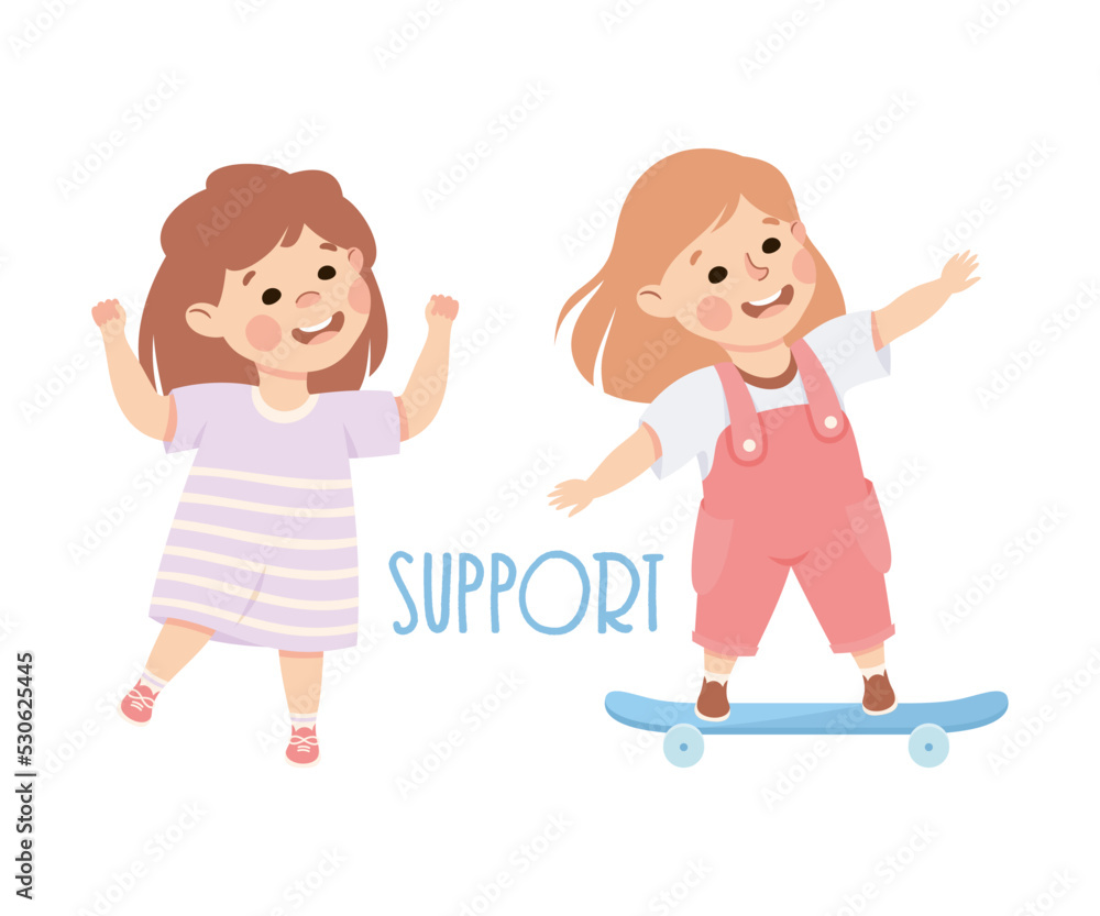 Little Girl Supporting Her Agemate Riding Skateboard Demonstrating Vocabulary and Verb Studying Vector Illustration Little Girl Supporting Her Agemate Riding Skateboard Demonstrating Vocabulary and Verb Studying Vector Illustration