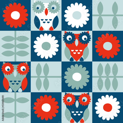 Geometric seamless pattern with owls and flowers in retro swiss style. Floral checkered print for tee, poster, fabric, textile. Trendy vector illustration for decor and design.