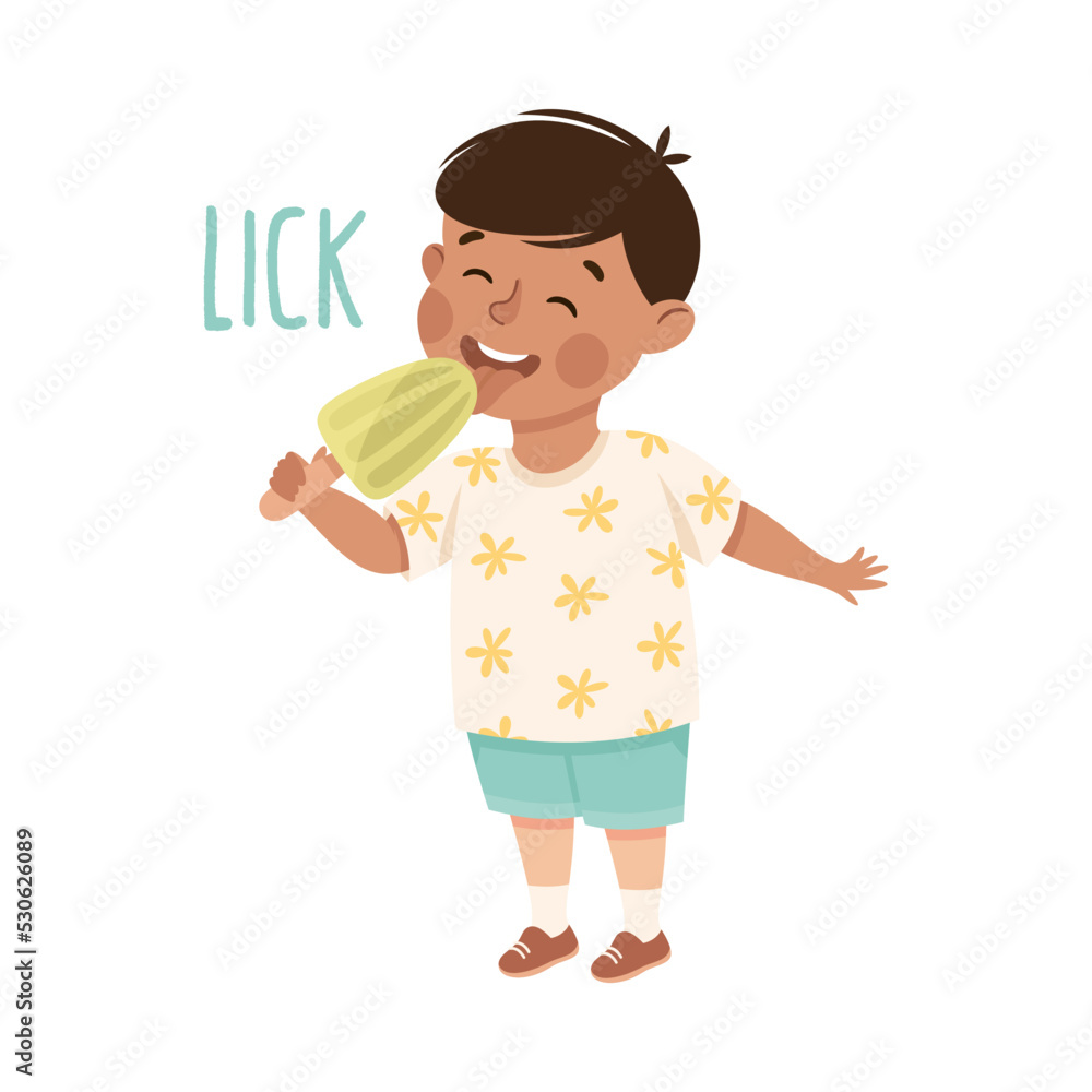 Little Boy Licking Ice Cream Demonstrating Vocabulary and Verb Studying Vector Illustration Little Boy Licking Ice Cream Demonstrating Vocabulary and Verb Studying Vector Illustration