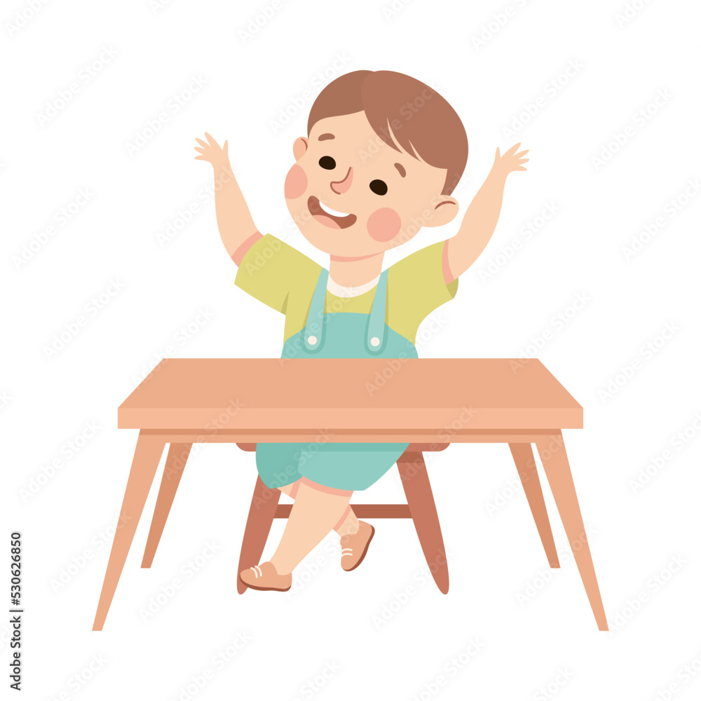 Little Boy Sitting at Desk with Raised Hands Vector Illustration Little Boy Sitting at Desk with Raised Hands Vector Illustration