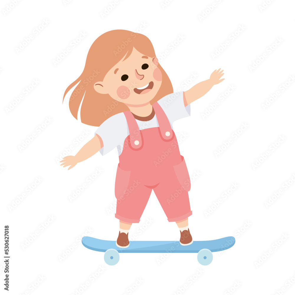 Obraz premium Cheerful Little Girl Riding on Skateboard Engaged in Outdoor Activity Vector Illustration
