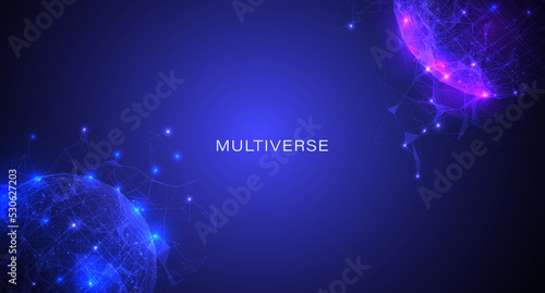 Digital futuristic multiverse planet low poly wireframe vector. Abstract blue vs purple sphere mesh line geometric concept illustration.