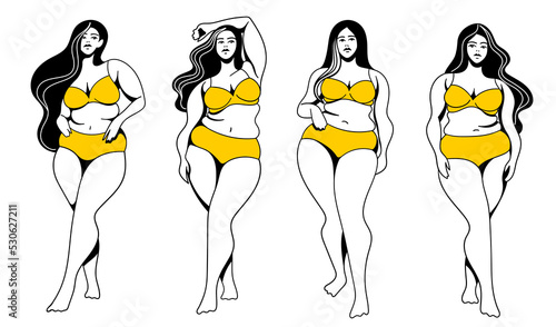 vector linear illustrations on the theme of body positivity. beautiful curvy plump girls are not shy of fat folds on the body and belly rolls. isolated on white background. love and accept your body.