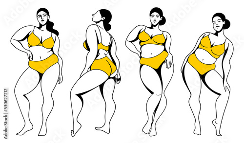 vector linear illustrations on the theme of body positivity. beautiful curvy plump girls are not shy of fat folds on the body and belly rolls. isolated on white background. love and accept your body.