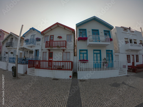 Gafanha da Encarnação, Portugal, August 21, 2021: The Colorful Houses in Costa Nova, Aveiro, Portugal. The striped colorful houses are known as 