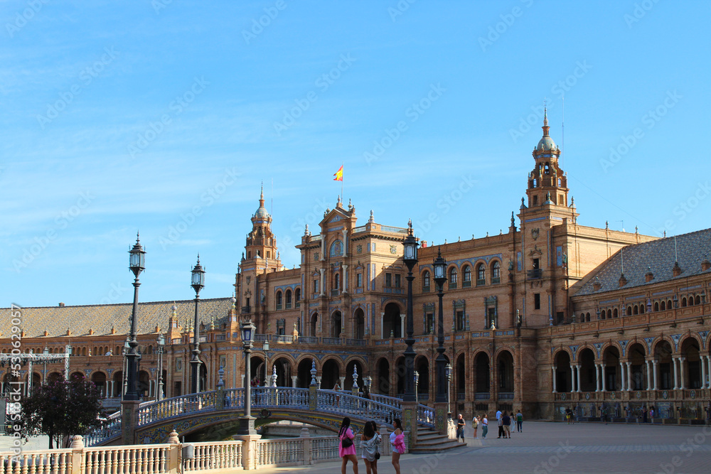 Seville, Spain, September 11, 2021: The Spanish Steps in Seville or 'Plaza de España', where the main building of the Ibero-American Exhibition of 1929 was built. The square of Plaza de Espana.