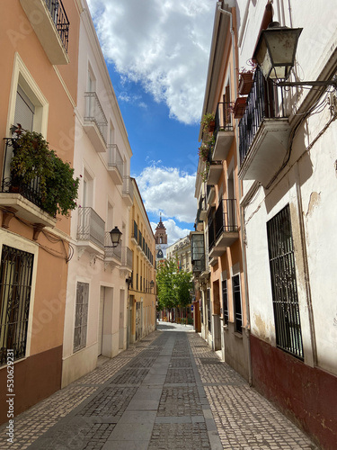 Badajoz, Spain, September 10, 2021: A narrow street of the historic center of Badajoz.