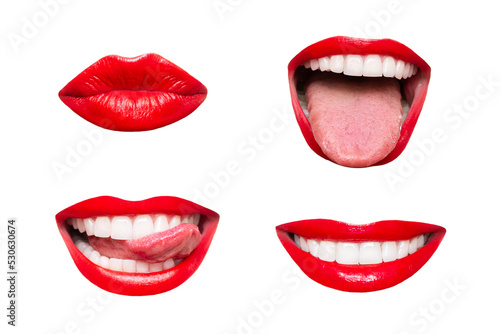 Wallpaper Mural Set of woman's mouths with red glossy lips smiling, showing tongue, kissing isolated on a white background
