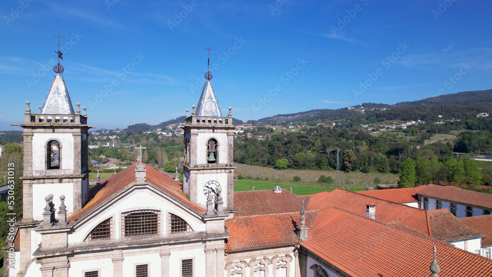 Aerial view of the Monastery of St. Benedict (Sao Bento) in the city of Santo Tirso, Portugal, with the Ave River in the background. Benedictine order.