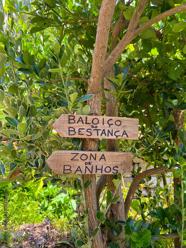 Direction sign to the Bestanca River in Cinfaes, Portugal. The river Bestança rises in Montemuro Hill, next to Portas de Montemuro, and is considered one of the least polluted rivers in Europe. photo