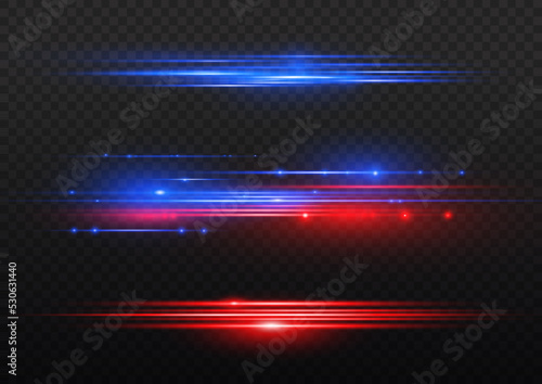 Beautiful glow light flare and spark. Red blue special effect, speed police line. Magic of moving fast lines. Laser beams, horizontal light rays. Particle motion effect. Vector illustration.