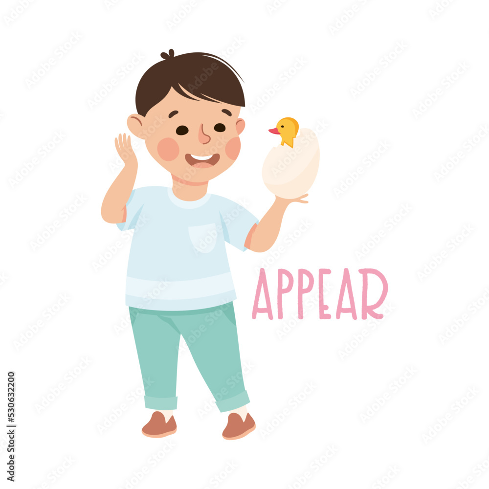 Little Boy with Chick Appearing from Cracked Egg as Demonstration of Vocabulary and Verb Studying Vector Illustration Little Boy with Chick Appearing from Cracked Egg as Demonstration of Vocabulary and Verb Studying Vector Illustration