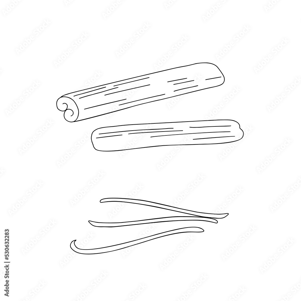 Cinnamon and vanilla sticks spices set simple outline doodle vector illustration, Christmas, New Year festive holiday home decor, seasonal greeting card, invitation, banner Cinnamon and vanilla sticks spices set simple outline doodle vector illustration, Christmas, New Year festive holiday home decor, seasonal greeting card, invitation, banner
