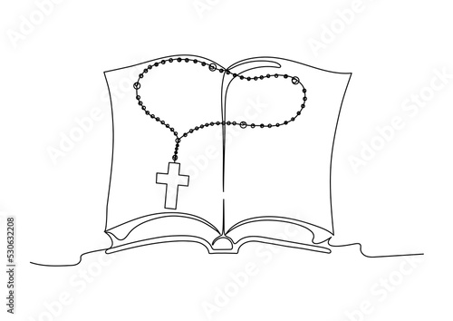 Bible. Open book with rosary. Continuous line drawing. Christianity concept