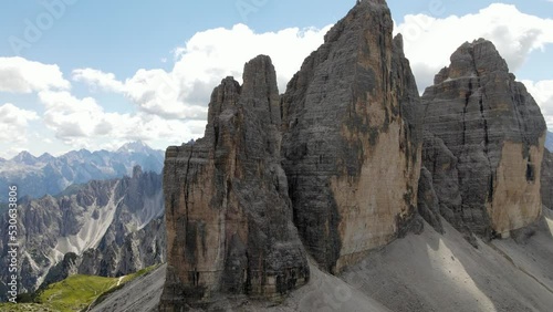 Aerial views of The Tre Cime di Lavaredo in The Italian Dolomites