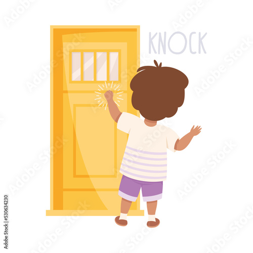 Little Boy Knocking at the Door as Demonstration of Vocabulary and Verb Studying Vector Illustration