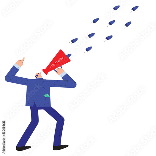 Propagandist with money in his pocket shouts an agitation speech into a red horn from which bullets fly to kill