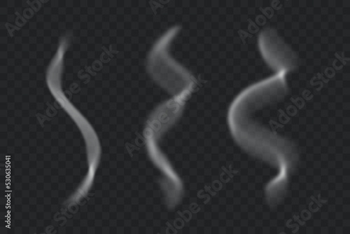 Smoke, vape, steam, mist, fog effect fx coming out of cigarette, hot drink, etc. - Transparent vectorial illustration with alpha background