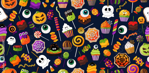 Halloween candy pattern. Vector candies with halloween elements and ornaments. Many types spooky dessert. Colorful treats background. Hand drawn realistic delicious,candy corn, pumpkins, eyeballs. 
