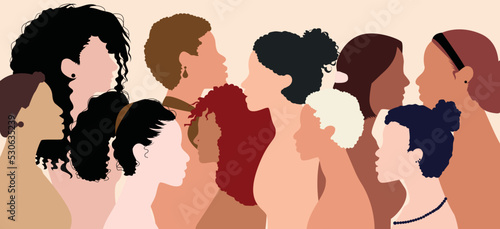 Women's social network community with communication and friendship between women or girls of diverse cultures. Multi-ethnic women talk and share ideas and information.