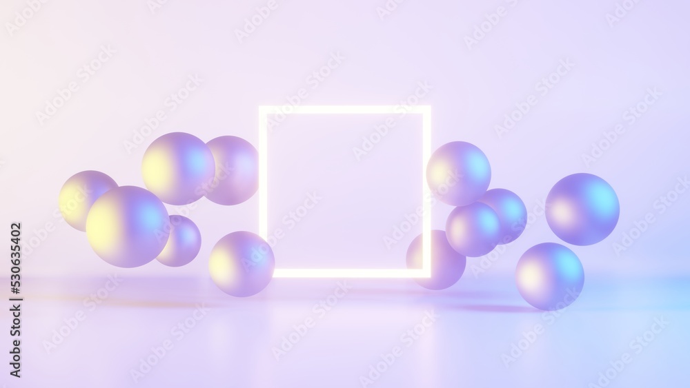 Pearl balls and bright cube. Colorful pink purple and blue colors.
