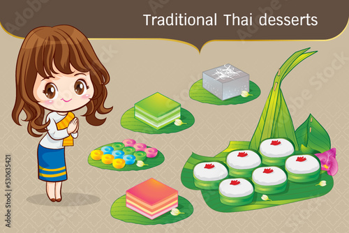 Thai character in traditional costume Sawasdee and welcome presenting traditional thai dessert set