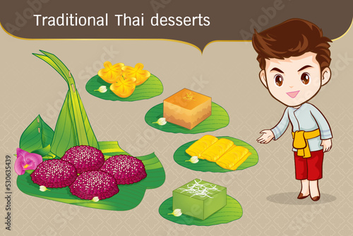 Thai character in traditional costume Sawasdee and welcome presenting traditional thai dessert set