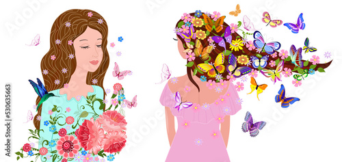 collection card with standing girls with flowers in hairstyle. p