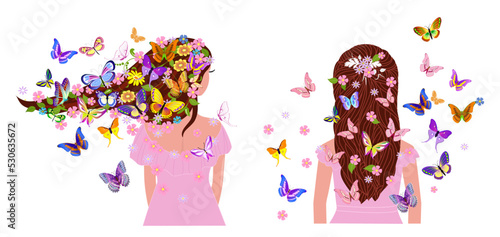 collection card with back view of standing girls with butterflie