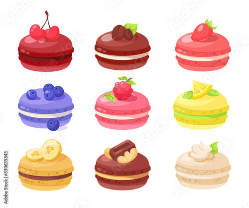 Macaroons with different flavors vector illustrations set. Collection of cartoon drawings of macaroons with strawberry, cherry, blueberry, raspberry on white background. Food, desserts, bakery concept