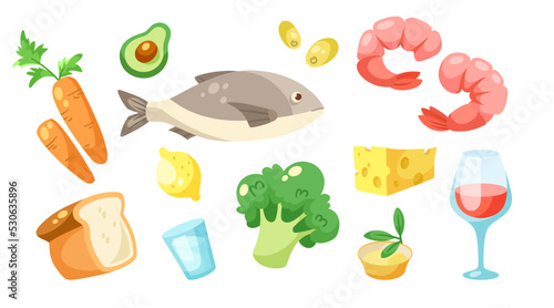 Elements of Mediterranean diet vector illustrations set. Collection of cartoon drawings of seafood, fish, shrimps, vegetables, bread isolated on white background. Nutrition, food, diet concept