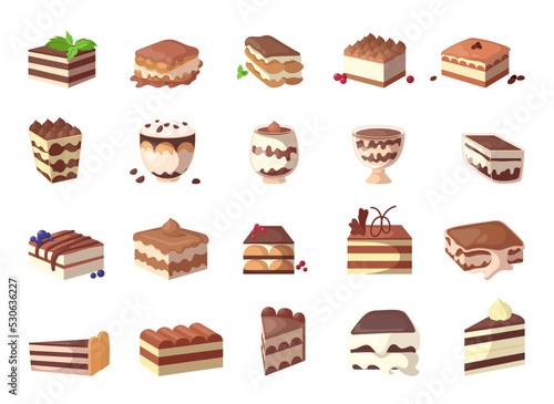 Delicious tiramisu cakes cartoon illustration set. Italian desserts with butter cream, coffee and mascarpone cheese in glasses. Food, cuisine, pastry, restaurant, menu concept