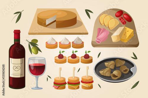 Classic French dinner cartoon illustration set. Bottle and glass of wine, plate of escargots, cheese, ham, delicious settee, canape. Food, restaurant, alcohol, lunch concept