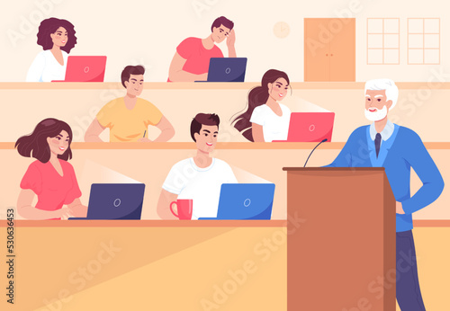 Professor giving lecture at university flat vector illustration. Young student sitting at desks and looking laptop screens. Education, study, knowledge, conference concept