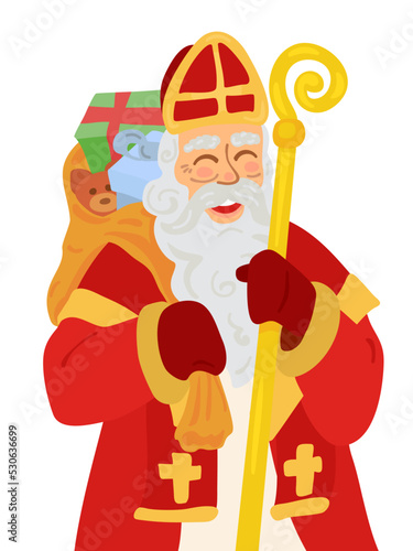 Saint Nicholas with gifts in bag, Isolated on white.The nature of Christianity in Orthodox, Catholics, Lutheran churches. 