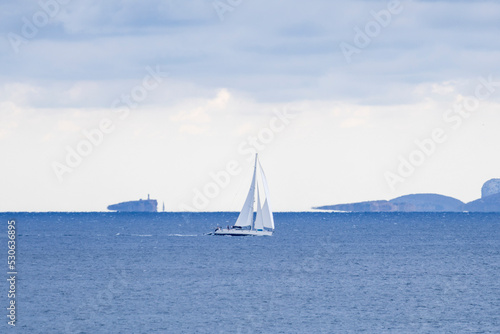 Sailing in front of the Cabrera Maritime National Park, Sa Rapita, Majorca, Balearic Islands, Spain © Tolo