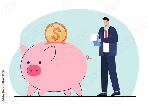 Businessman standing next to huge piggybank with gold coin. Office worker thinking of investing money flat vector illustration. Investment, banking, savings concept for banner or landing web page