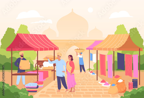 Fototapeta Naklejka Na Ścianę i Meble -  People shopping at Indian market flat vector illustration. Couple talking with vendor standing at counter. Taj Mahal silhouette in background. Commerce, street market concept