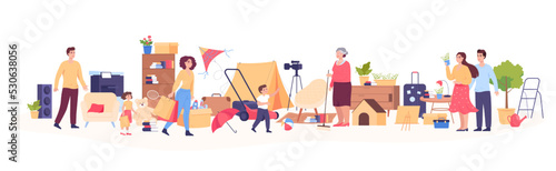 People visiting flea market flat vector illustration. Male and female cartoon charters buying vintage goods, old stuff or antique things at bazaar or garage sale. Commerce, shopping concept