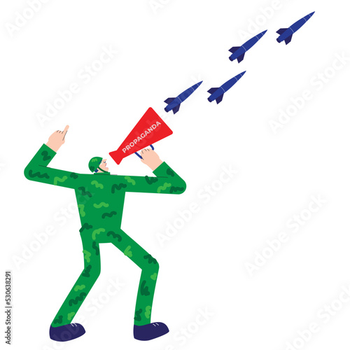 Military propagandist shouts an agitation speech into a mouthpiece, from which missiles rocket fly to kill