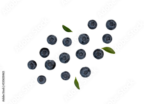 fresh blueberries with green leaves isolated on white background, ripe berries, macro shot of blueberries, top view