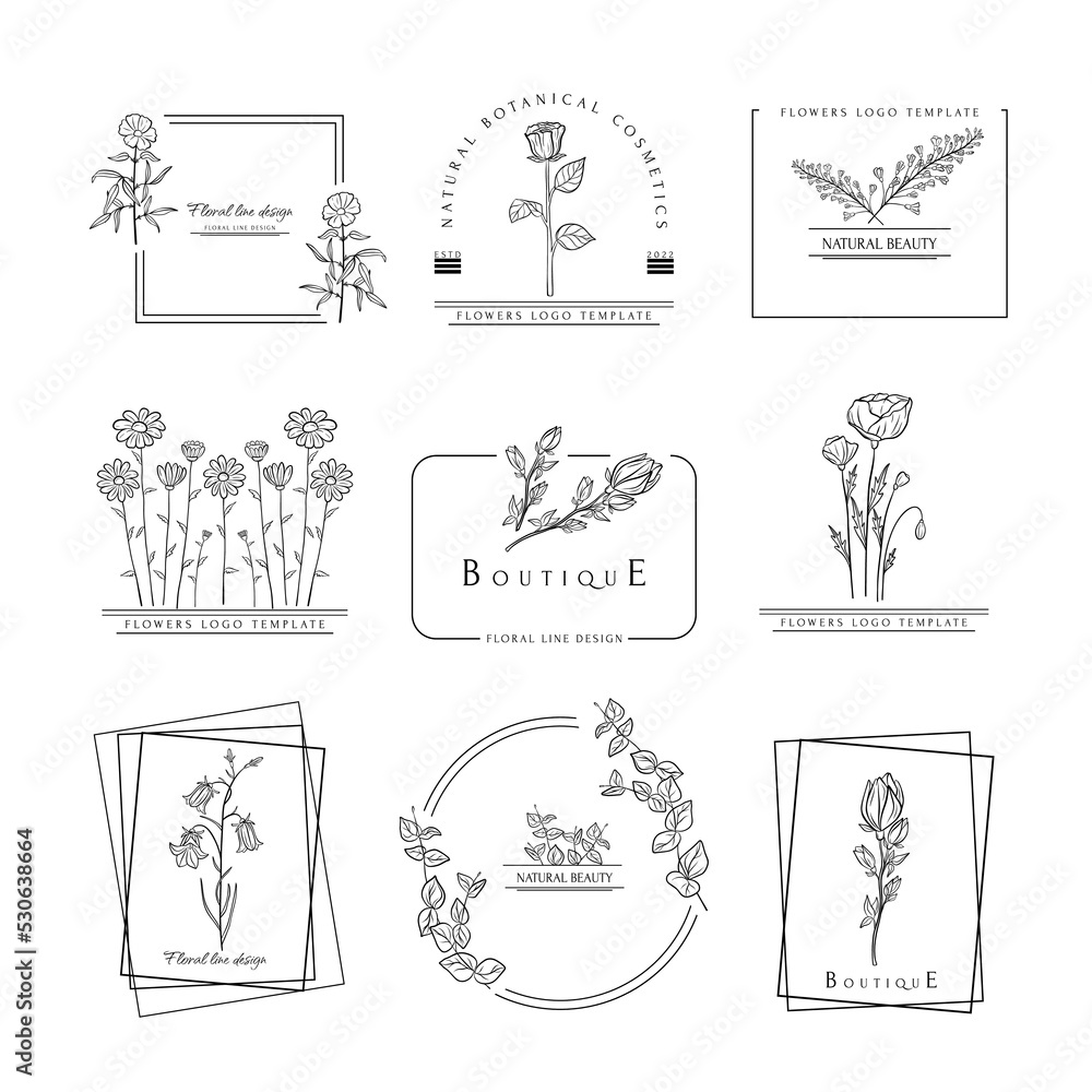 Hand drawn minimal logo of blooming flowers and leaves in line art. Bohemian floral vector illustration on a white background. Decorative botanique monogram composition for greeting card Hand drawn minimal logo of blooming flowers and leaves in line art. Bohemian floral vector illustration on a white background. Decorative botanique monogram composition for greeting card